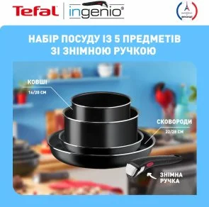 Фото: Набір змішаний Tefal Ingenio Easy Cook and Clean 22cm/ 28cm/ 1.7L/ 2.7L 5pcs Black (L1539543) № 9 | KTC
