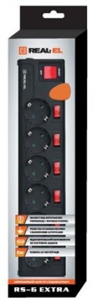 Мережевий фільтр Real-EL RS-6 Extra 6/5m Black (EL122300003)