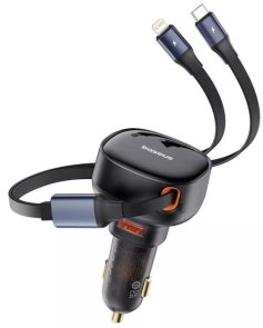 Автозарядка Baseus Enjoyment Pro Car Charger USB + Retractable C & iP Cable 60W black