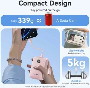 Фото: Батарея універсальна Vention FKBB0-C 20000mAh 22.5W with Built-in USB-C Cable Black № 11 | KTC