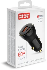 Автомобільний зарядний пристрій ColorWay 60W PD QC3.0 Black (CW-CHA046PD-BK)