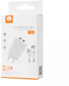 Зарядний пристрій WUW T55 3.1A White with AM / MicroUSB (6972573333974)