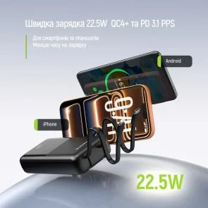 Фото: Батарея універсальна ColorWay DigiPower 20000mAh 22.5W Built-in Cable Type-C/Lightning (CW-PB200LP01BK) № 8 | KTC