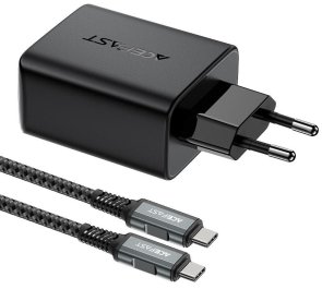 Мережевий зарядний пристрій Acefast A17 1xUSB, 1xType-C, GaN, 65W, Black + Кабель USB (Type-C/Type-C) 1.8м