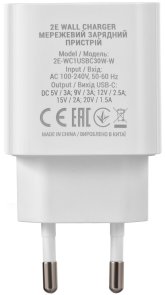 Зарядний пристрій 2E Wall Charger PD 30W White (2E-WC1USBC30W-W)