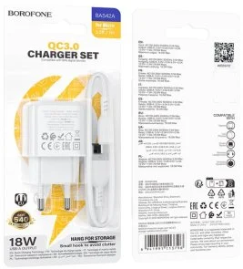 Фото: Зарядний пристрій BOROFONE BAS42A Potential QC3.0 18W White with AM/MicroUSB (6941991113796) № 7 | KTC