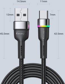 Кабель Essager Colorful LED 3A AM / Type-C 0.5m Black