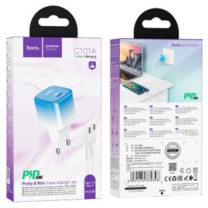 Зарядний пристрій Hoco C101A 20W Ice Blue with Type-C/Type-C (6931474769398)