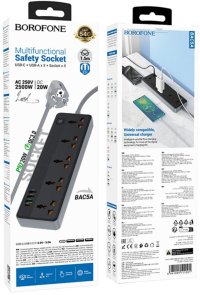 Мережевий фільтр BOROFONE BAC5A Lord 4xUSB 5/1.5m Black (6941991111501)