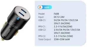 Фото: Автомобільний зарядний пристрій Essager City Dual Type-C Car Charger 66W Black (ECC2C-FF01) № 2 | KTC
