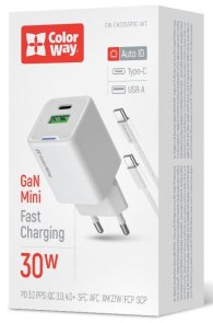  Зарядний пристрій ColorWay GaN Mini 30W White with Type-C / Type-C (CW-CHS053PDC-WT)