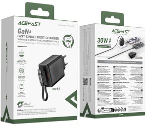 Зарядний пристрій Acefast A110 30W Black with Retractable Cable (6974316283942)