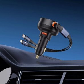 Автозарядка Baseus Enjoyment Pro Car Charger USB + Retractable C & iP Cable 60W black