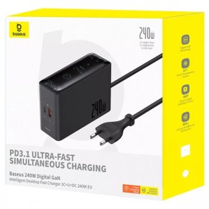 Зарядний пристрій Baseus Digital GaN3 Intelligent Desktop PD QC 240W 5A Bl with DC to DC (P10163901113-00)