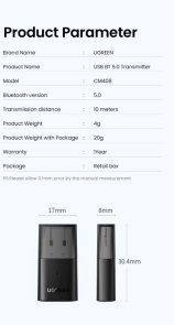 Bluetooth адаптер UGREEN CM408 V5.0 Transmitter for Switch/PS Black (10928)