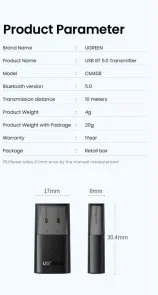 Фото: Bluetooth адаптер UGREEN CM408 V5.0 Transmitter for Switch/PS Black (10928) № 8 | KTC