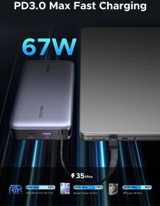 Батарея універсальна UGREEN PB550 20000mAh with built-in USB-C 67W Grey (55996B)