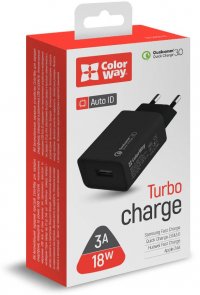 Мережевий зарядний пристрій ColorWay Quick Charge 3.0 1xUSB, (18W), Black