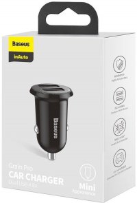 Зарядний пристрій Baseus Grain Pro Car Charger 4.8A Black (CCALLP-01)