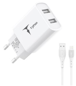 Зарядний пристрій T-PHOX TCC-224 2xUSB 2.4A with AM / Lightning White (TCC-224 (W)+Lightning)