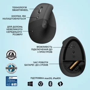 Фото: Миша Logitech Lift Left Vertical Ergonomic Graphite (910-006474) № 4 | KTC