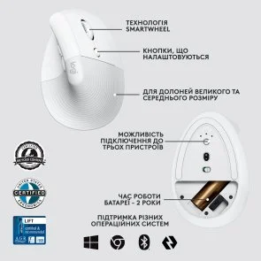 Фото: Миша Logitech Lift Vertical Ergonomic Wireless Off White OEM (910-006496) № 9 | KTC