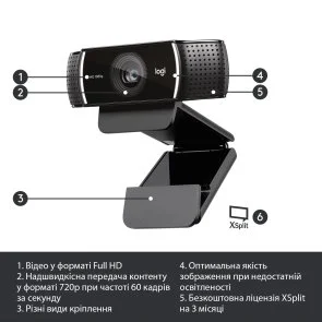 Фото: Web-камера Logitech C922 Pro Stream Black (L960-001088) № 7 | KTC