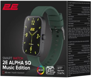 Смарт годинник 2E Alpha SQ Music Edition 46mm Black/Green (2E-CWW40BKGN)