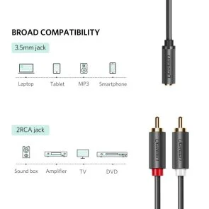 Фото: Кабель UGREEN AV102 Jack 3.5mm F / 2xRCA M 0.25m Black (10561) № 2 | KTC