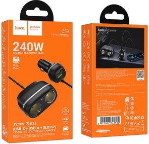 Автомобільний зарядний пристрій Hoco Z59 Rank 30W dual cigarette lighter slot Black (6942007641500)
