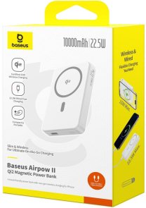 Батарея універсальна Baseus Airpow II Qi2 Magnetic 10000mAh 22.5W Moon White with Simple Series Cable (P10080000213-00)