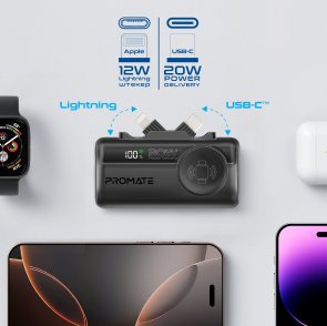 Батарея універсальна 5000mAh із вбудованими розємами USB-C та Lightning Promate powerup-trio.black