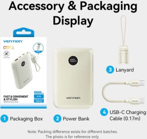 Батарея універсальна Vention FKAN0-C 10000mAh 22.5W with Built-in USB-C Cable
