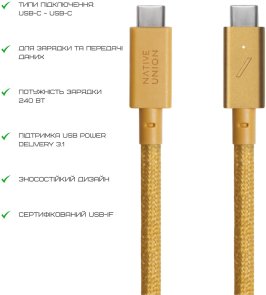 Кабель Native Union Belt Pro 240W Type-C / Type-C 2.4m Kraft (BELT-PRO2-KFT-NP)