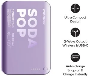 Фото: Батарея універсальна Momax 1-Power Pass 10000mAh 20W / Qi 15W Purple (IP166U) № 7 | KTC