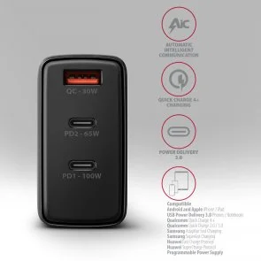 Фото: Зарядний пристрій Axagon ACU-DPQ100 PD QC3.0 GaN 100W Black № 5 | KTC