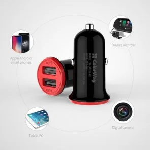 Фото: Автомобільний зарядний пристрій ColorWay Auto ID 2xUSB 3.4A 17W Black/Red (CW-CHA026-BK) № 4 | KTC