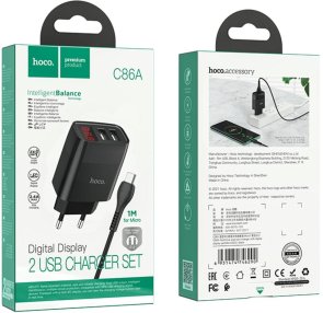  Зарядний пристрій Hoco C86A Illustrious 2.4A Black with AM/MicroB (6931474746290)