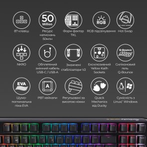 Клавіатура Ducky One 3 TKL Cherry MX Blue RGB ENG/UKR Black (DKON2187ST-CUAPXCLAWSC1)