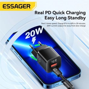 Зарядний пристрій Essager Camber GaN Charger 1xPD plus QC3.0 20W Black (ECTAC-HMB01-P)