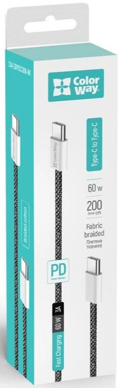 Кабель ColorWay PD 3A 60W Type-C / Type-C 2m Black (CW-CBPDCC068-BK)