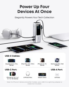 Батарея універсальна Anker 25000mAh 165W Built-In Double USB-C Cables Silvery (A1695H41)