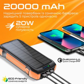 Батарея універсальна 20000mAh з вбудованою сонячною батареєю Promate solartank-20pdqi.black