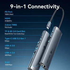 Фото: USB-хаб Vention Hub 9-in-1 100W (TGVHB) № 3 | KTC