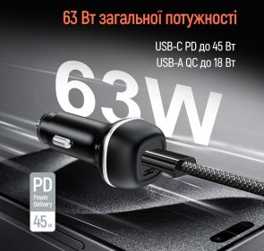 Автомобільний зарядний пристрій ColorWay 63W PD QC3.0 Black (CW-CHA067PD-BK)