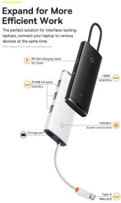 Хаб USB Type-C Baseus Lite Series 5-Port, 3xUSB/Type-C/HDMI, Black