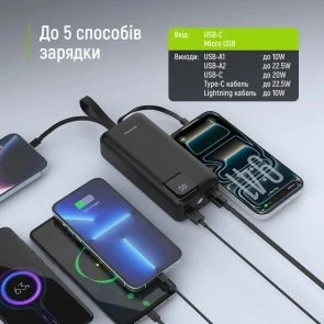 Фото: Батарея універсальна ColorWay EnergyHub 30000mAh 22.5W Built-in Cable Type-C/Lightning (CW-PB300LP05BK) № 8 | KTC