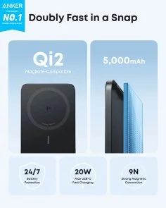 Фото: Батарея універсальна Anker Nano MagGo Slim 5000mAh 20W Qi2 15W Black (A1665H11) № 6 | KTC
