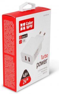 Зарядний пристрій ColorWay Auto ID 2xUSB 4.8A 24W White (CW-CHS016-WT)