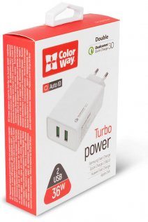 Зарядний пристрій ColorWay 2xUSB Quick Charge 3.0 36W White (CW-CHS017Q-WT)